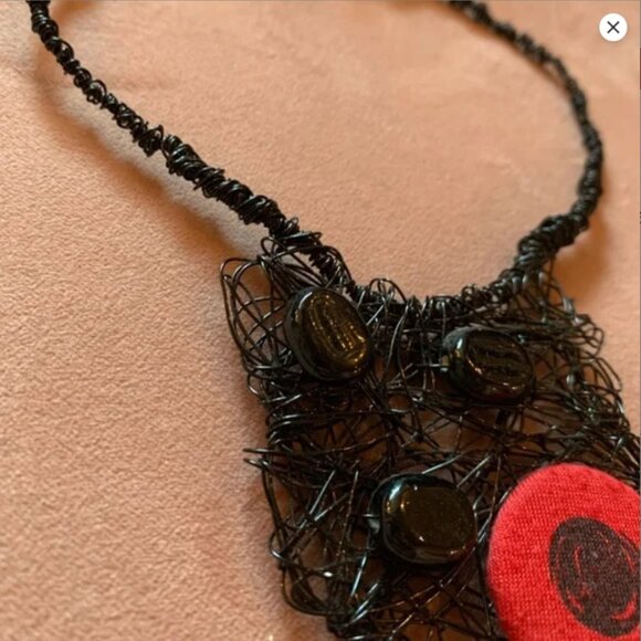 CREATION Black Wire Art Necklace with Red Fabric Accent & Black Beads - Picture 3 of 8